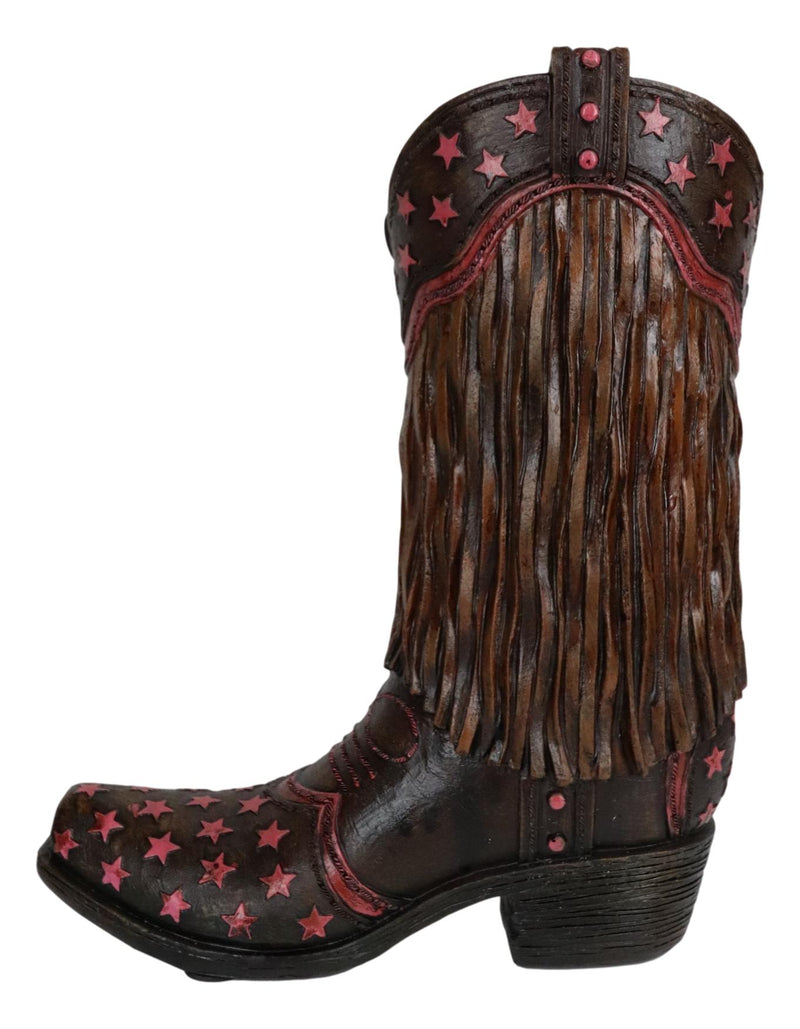 Rustic Western Cowboy Frill Fringe With Pink Stars Faux Leather Boot Vase Decor