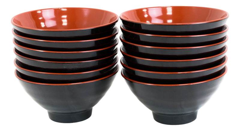 Pack Of 12 Modern Ridged Red Black Melamine Small 10oz Rice Miso Soup Bowls Set
