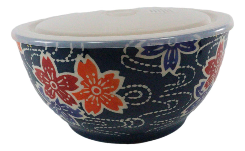 Ebros Set of 2 Ceramic Blue Cherry Blossoms Portion Meal Bowls 5 Cups Airtight Lid