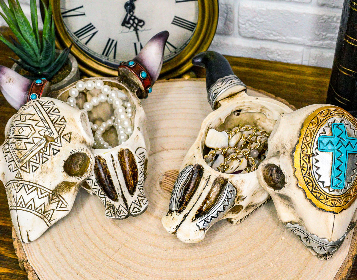 Set Of 2 Southwest Rustic Cow Skull With Cross And Aztec Patterns Trinket Boxes