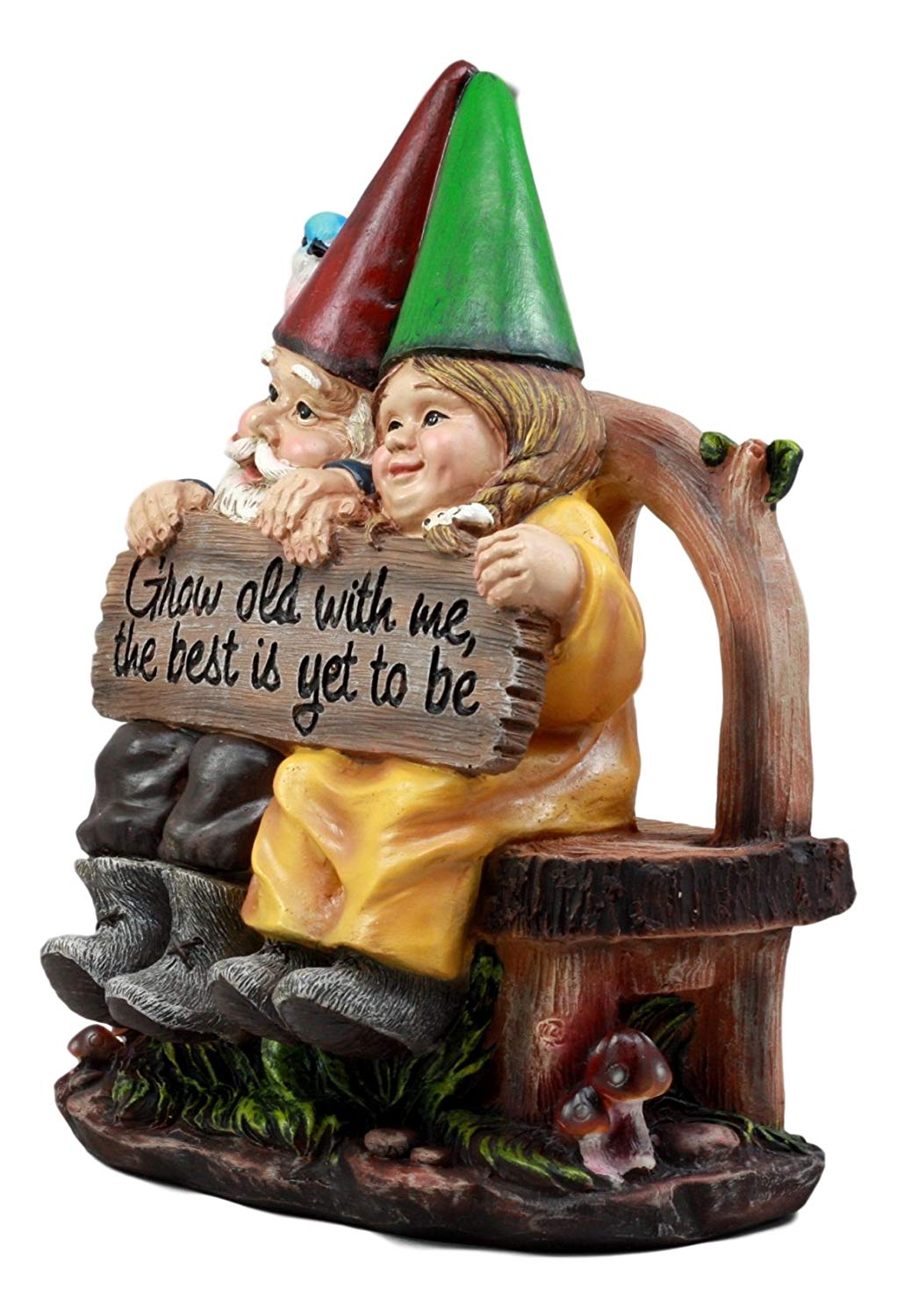 Ebros Gift Whimsical Mr & Mrs Gnome Sitting On Rustic Chair with Blue Bird Statue Grow Old with Me Guest Greeter Patio - Ebros Gift