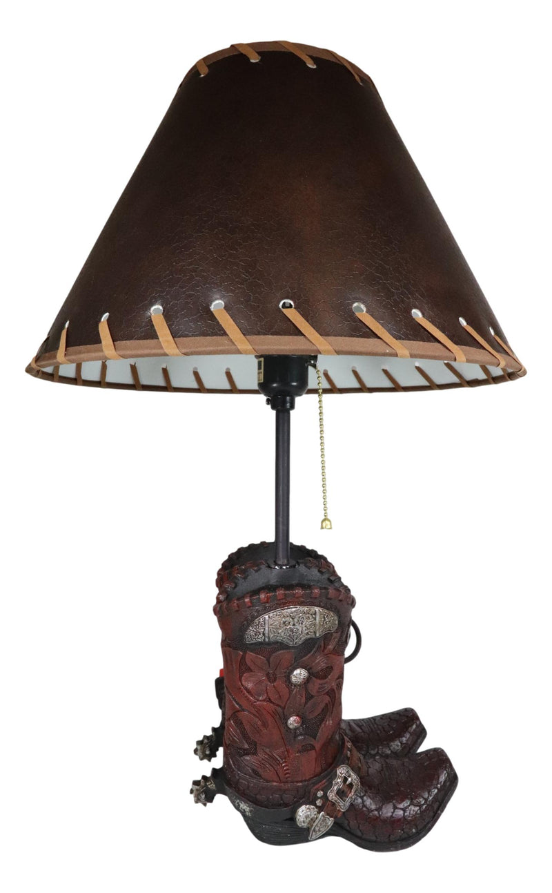 Rustic Western Faux Tooled Leather Cowboy Boots With Conchos Desktop Table Lamp