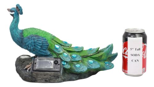 Ebros Decorative Iridescent Peacock With Blue Gemstones Solar LED Light Statue Peafowl