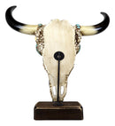 Large Rustic Western Bull Cow Skull With Turquoise Red Rocks Desktop Figurine