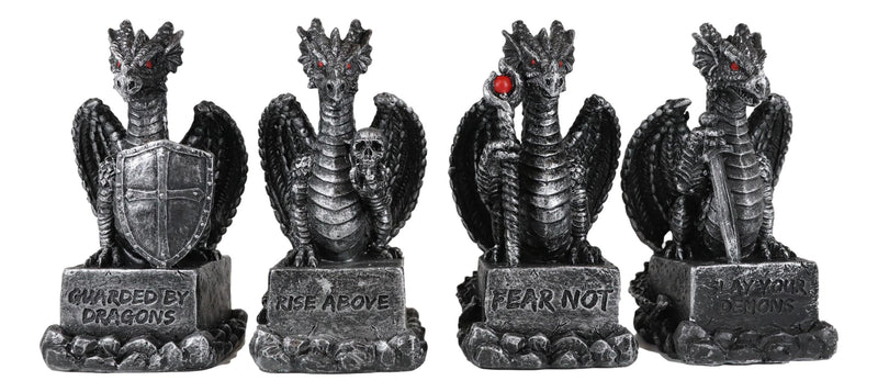 Ebros Medieval Inspirations Guardian Dragons W/ Shield Sword Staff And Skull Set of 4
