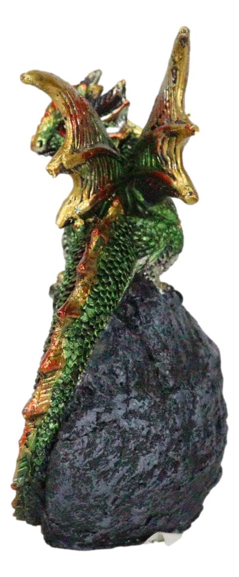 Metallic Green Iridescent Wyrmling Dragon On Faux Geode Crystal Rock Figurine