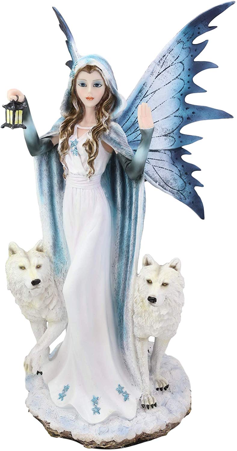 Ebros White Frozen Lantern Fairy by 2 Arctic Snow Direwolves Statue 17.75" Tall