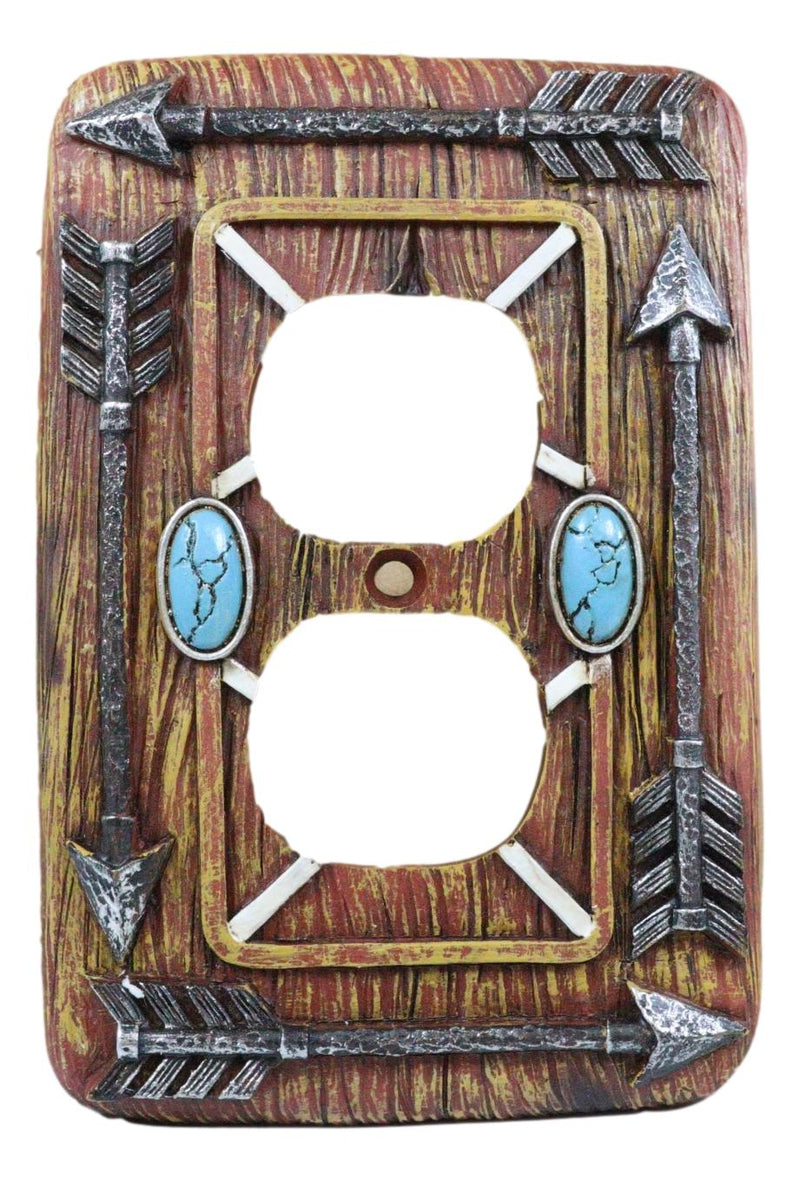 Faux Wood Tribal Indian Turquoise 4 Arrows Double Receptacle Outlets Plates Set