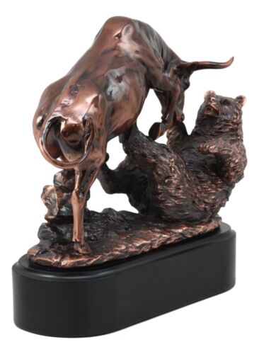 Wall Street Stock Market Charging Bull Trouncing Bear Statue With Pedestal Base