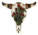 Western Rustic Green Flowering Cactus Steer Bison Bull Cow Skull Wall Decor