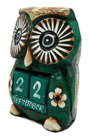 Balinese Wood Handicrafts Hypnosis Eyed Green Owl Desktop Calendar Figurine 4.5"