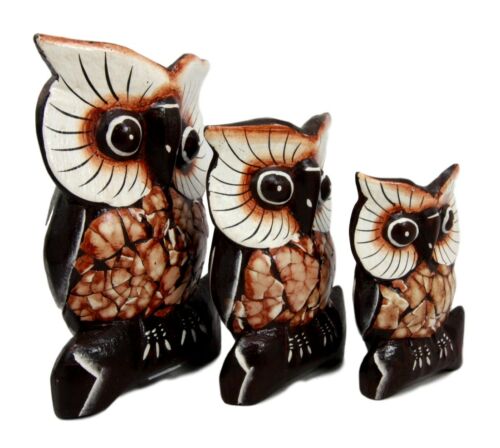 Balinese Wood Handicrafts Forest Owl Family Set of 3 Decorative Figurines 6"H