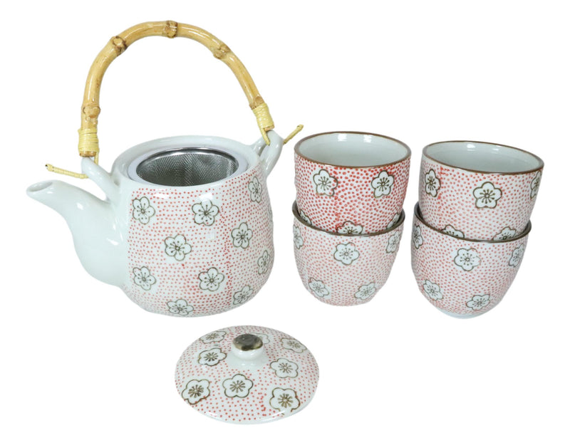 Japanese Red Cherry Blossom 20oz Ceramic Tea Pot and Cups Set Serves 4 People