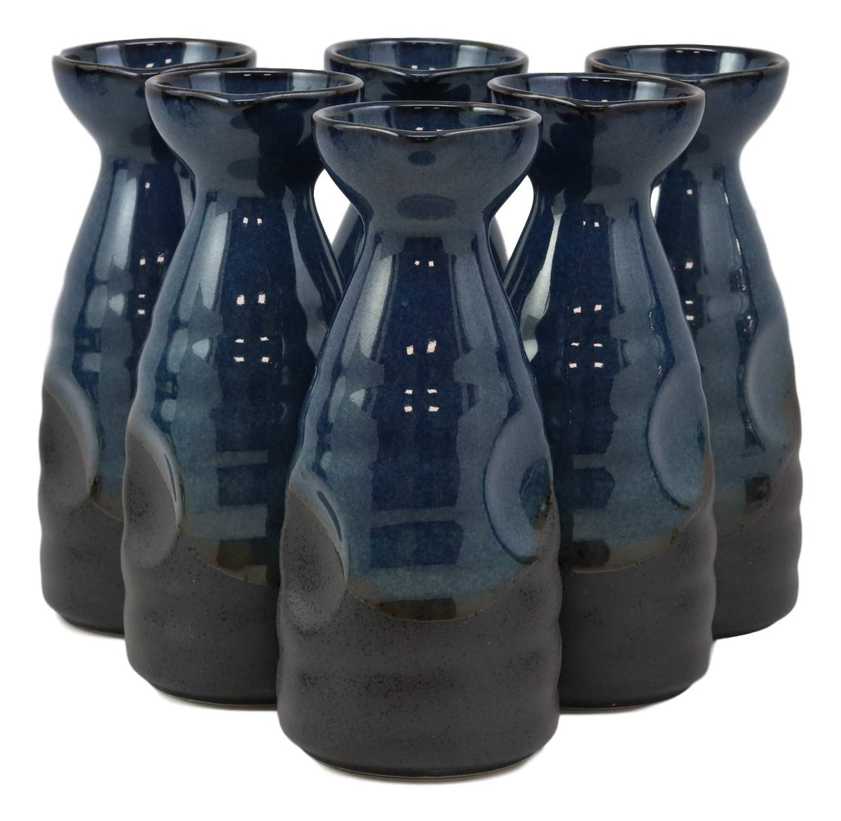 Glazed Ceramic Blue And Black Japanese Wine Sake Tokkuri Flask Pack of 6 Flasks