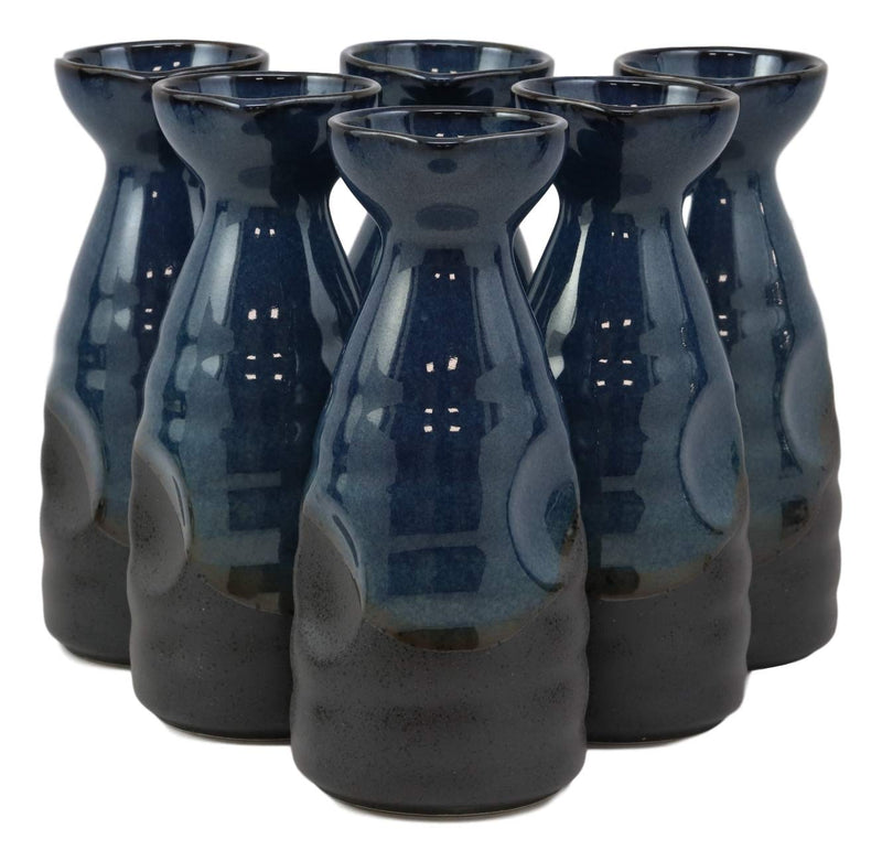 Glazed Ceramic Blue And Black Japanese Wine Sake Tokkuri Flask Pack of 6 Flasks