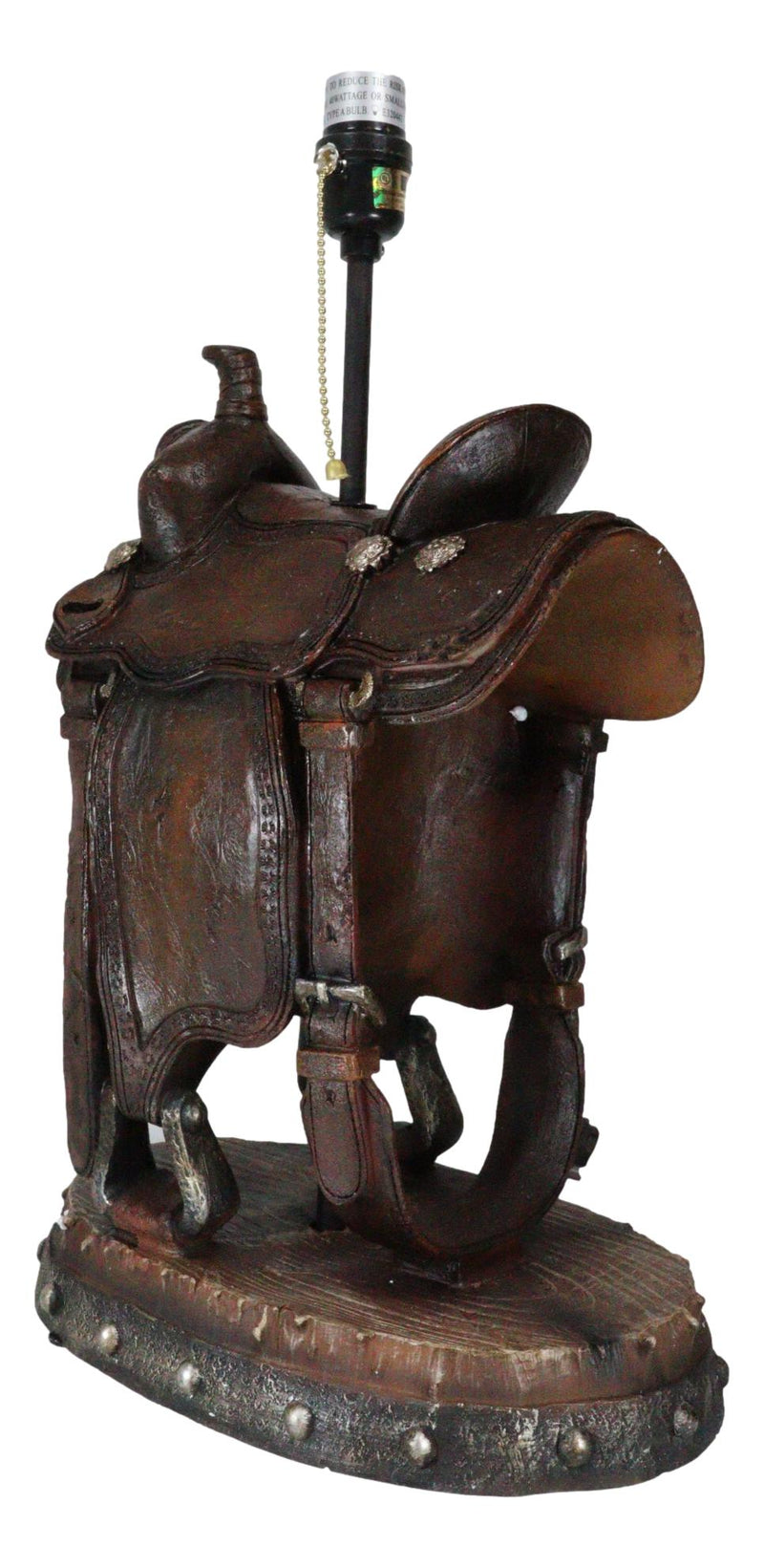 Western Cowboy Faux Tooled Leather Horse Saddle Conchos Buckles Table Lamp Decor