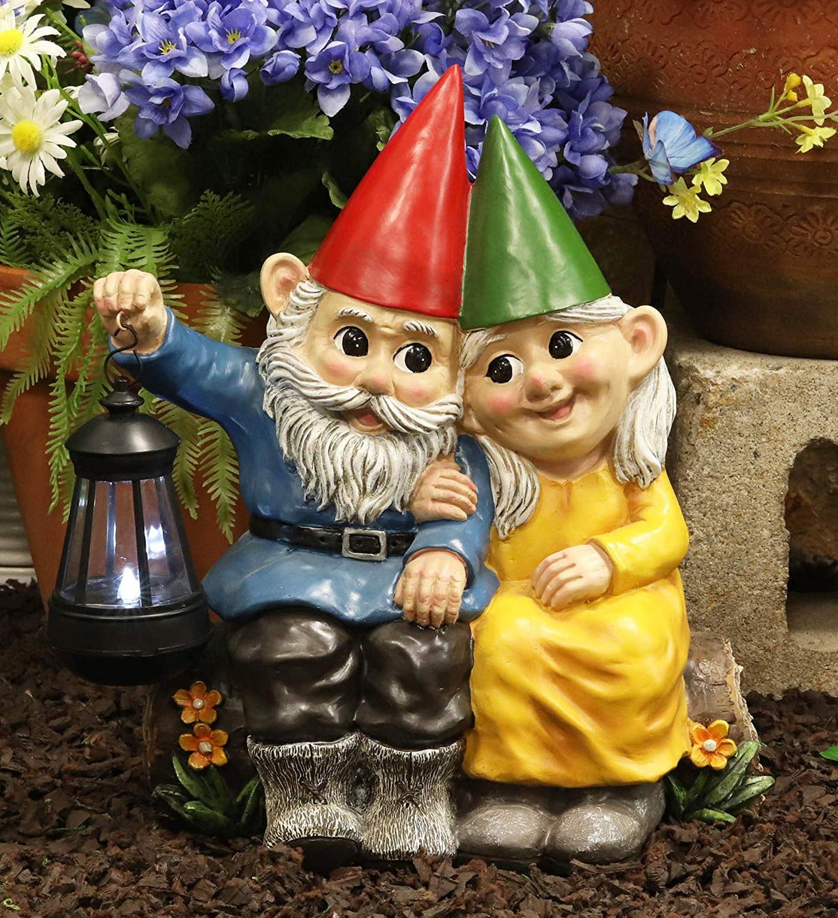Ebros Large Mr and Mrs Gnome On Tree Log Solar LED Lantern Light Statue 13.5"H