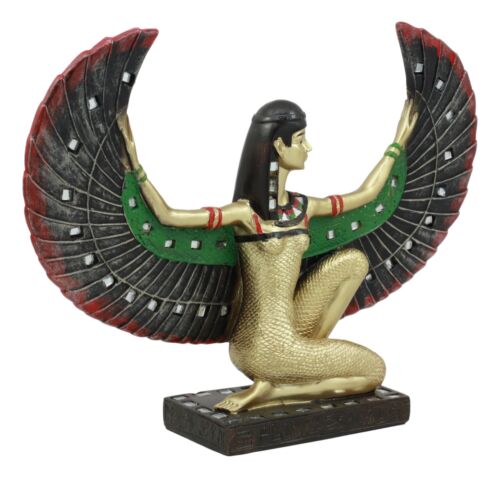 Egyptian Kneeling Goddess Isis With Open Wings Figurine Golden Decor W/ Mirrors