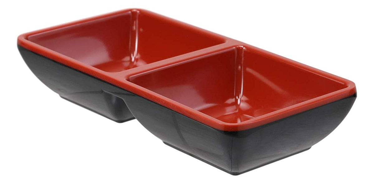 Ebros Red And Black Melamine Traditional Design Condiments Ketchup BBQ Soy Sauce Dipping Bowl or Dish With Divider 2 Partition Compartments Housewarming Gifts For Sushi Asian Dining Restaurant Supply