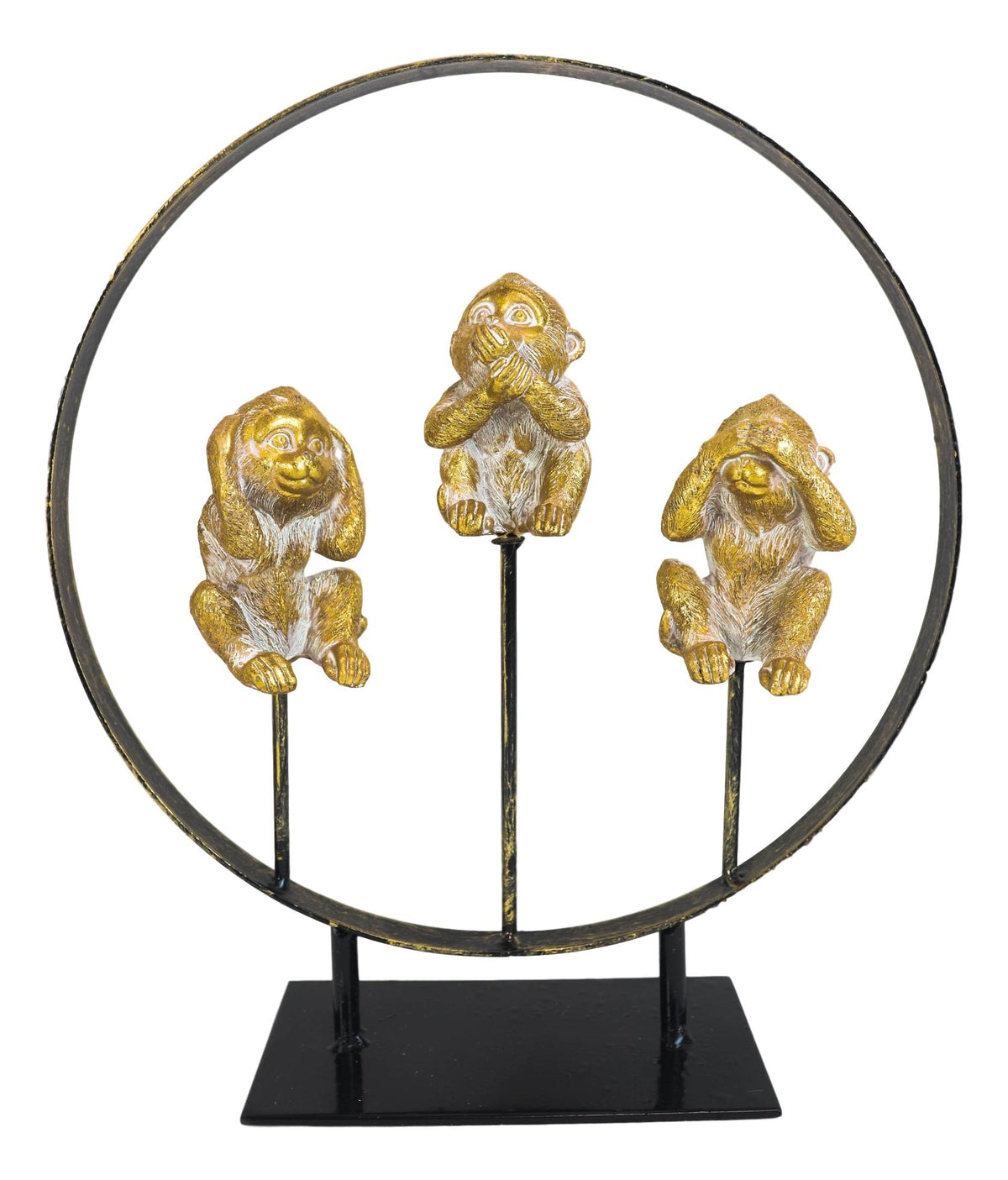 Golden See Hear Speak No Evil Monkeys In Peace Circle Ring Stand Decor Statue