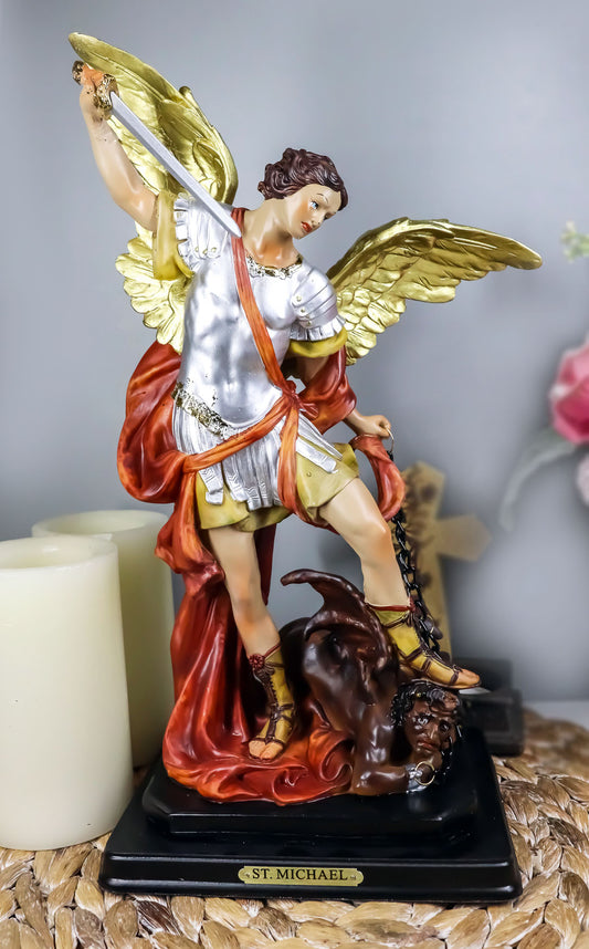 Large Archangel Saint Michael Slaying Lucifer Satan Statue With Brass Name Plate - Ebros Gift