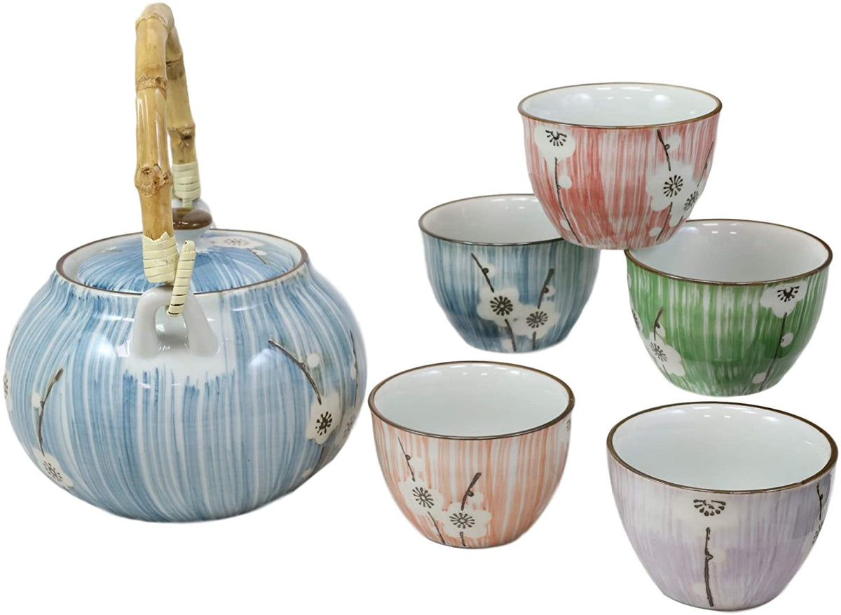 Ebros Japanese Sakura White Cherry Blossom Tea Set Ceramic Pot and Cups Set of 5 - Ebros Gift