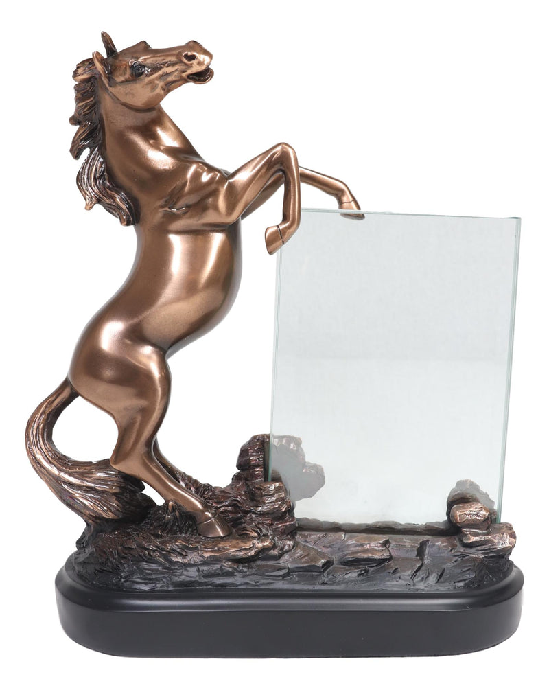 Ebros Rustic Western Wild Rearing Horse Statue With 4"X6" Glass Picture Frame