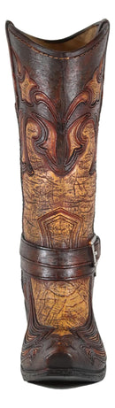 Large Rustic Western Faux Tooled Leather Cowboy Brown Boot Flower Vase Planter