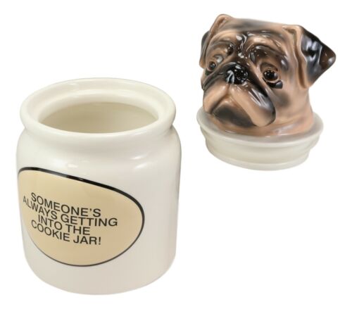 Ceramic Adorable Hiding Thief Pugsie Pug Dog Cookie Jar With Air Tight Lid 9"H