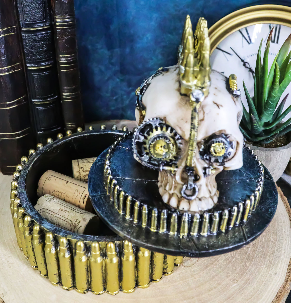 Steampunk Geared Cyborg Rifle Bullets Mohawk Skull Decorative Jewelry Box