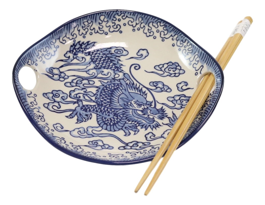 Blue Feng Shui Dragon Small Appetizer Coupe Plate Flat Bowl With Chopsticks Set - Ebros Gift