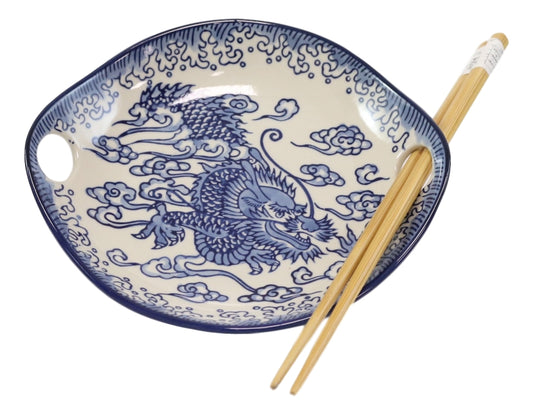 Blue Feng Shui Dragon Small Appetizer Coupe Plate Flat Bowl With Chopsticks Set - Ebros Gift