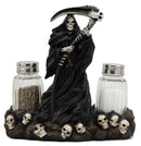 Grim Reaper Standing On Skull Graveyard Salt & Pepper Shakers Holder Set