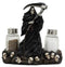 Grim Reaper Standing On Skull Graveyard Salt & Pepper Shakers Holder Set