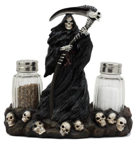 Grim Reaper Standing On Skull Graveyard Salt & Pepper Shakers Holder Set