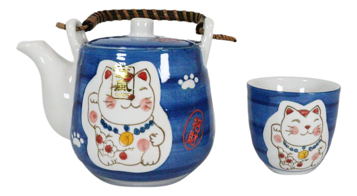 Ebros Japanese Maneki Neko Lucky Charm Cat Blue Tea Pot and Cups Set Serves 4 - Ebros Gift