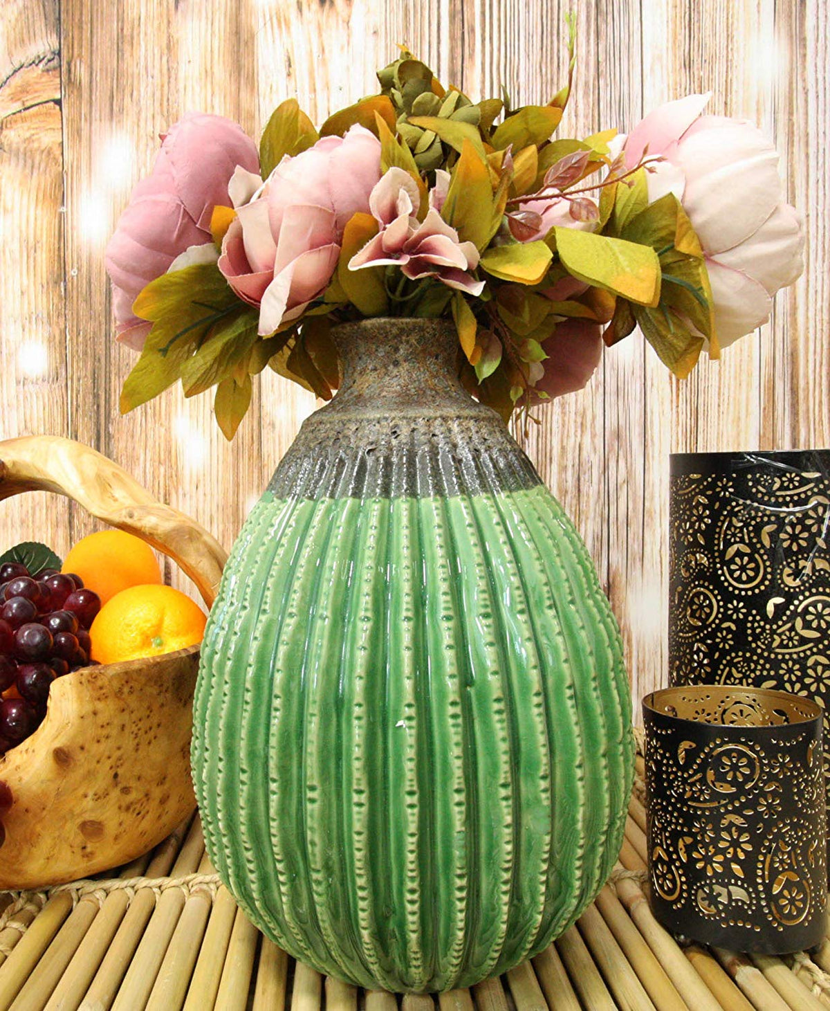 11"Tall Glazed Ceramic Southwestern Desert Bulbous Cactus Oval Floral Vase - Ebros Gift