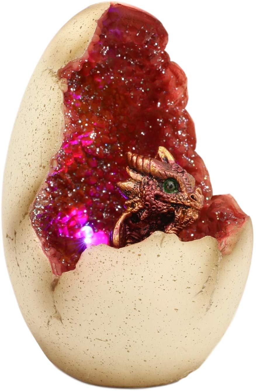 Ebros 5" Tall Red Hatchling Wyrmling Dragon in Crystal Quartz Geode Egg Figurine with Colorful LED Night Light - Ebros Gift