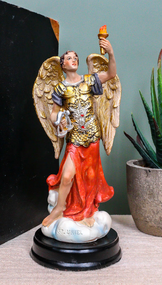 Catholic Church Archangel Saint Uriel With Holy Spirit Torch Statue With Base - Ebros Gift
