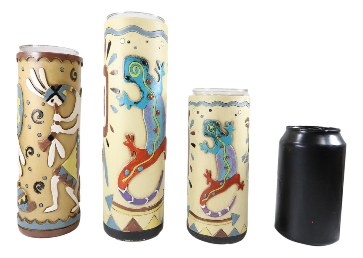 Southwestern Colorful Kokopelli God And Lizards Votive Candle Holders Set Of 3