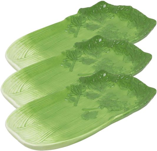 Ebros 12.5" Long Ceramic Celery Shaped Serving Plate or Dish Platter SET OF 3 - Ebros Gift
