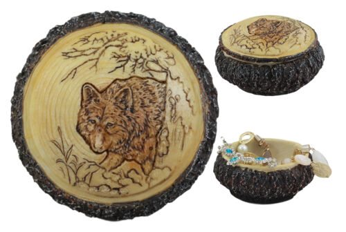 Ebros Rustic Faux Wood Alpha Wolf Jewelry Box Figurine 4" Diameter
