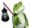 Ebros Blue Bayou Trails Hiking Frog Statue Holding Rod With Solar Powered Lantern LED