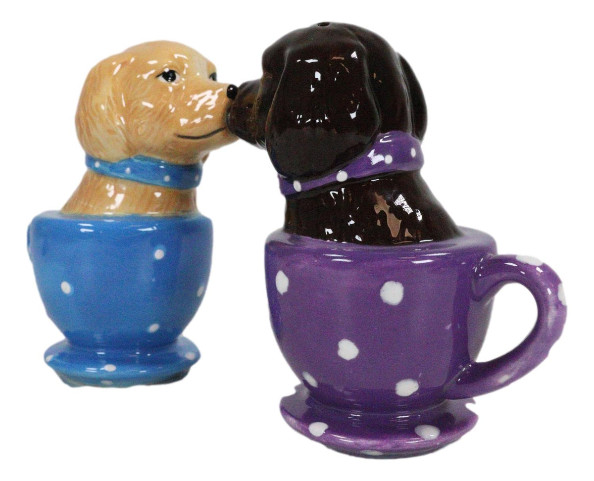 Ceramic Chocolate And Fawn Labrador Puppy Dogs In Tea Cups Salt Pepper Shakers - Ebros Gift