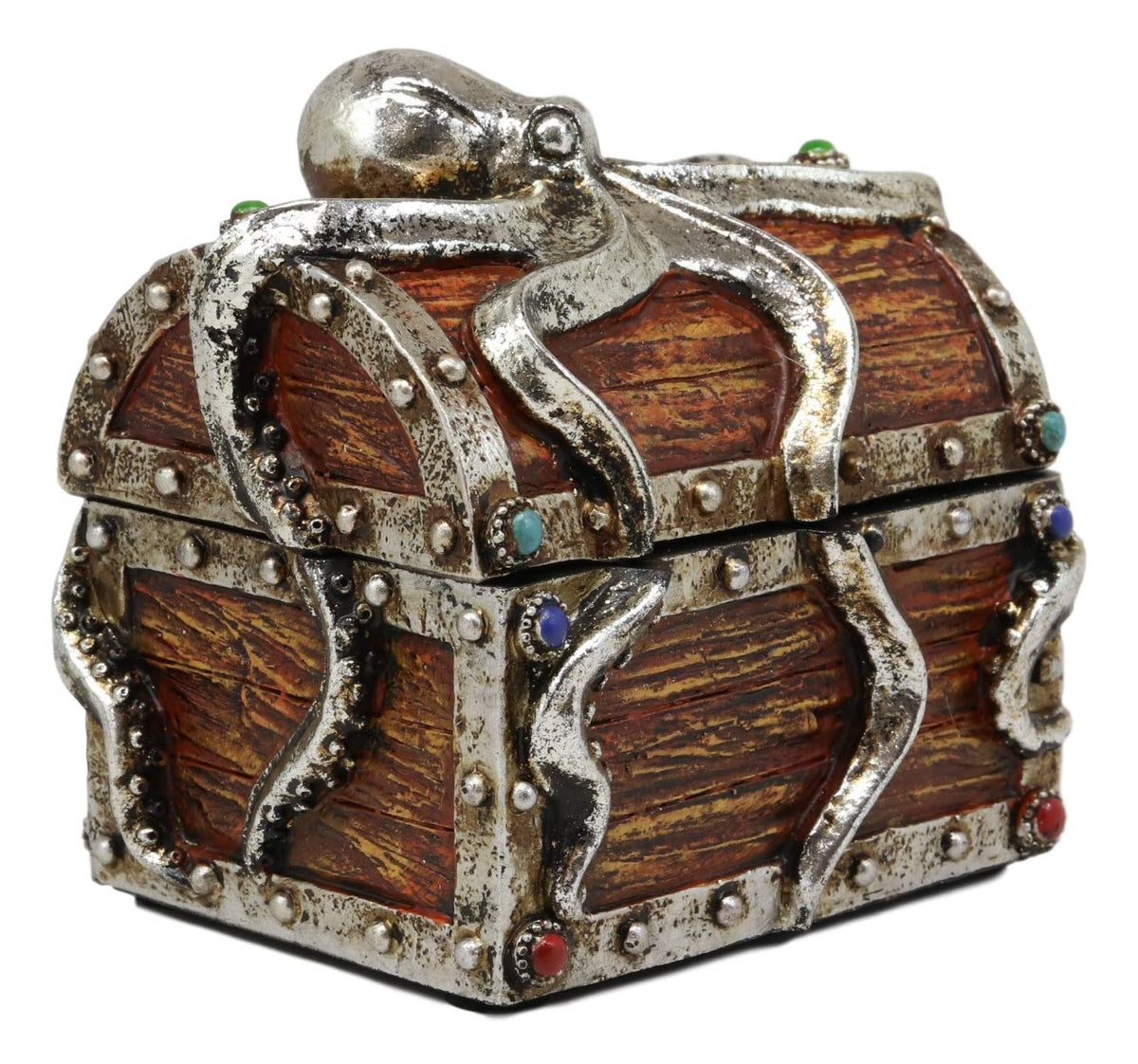 Ebros Gift Silver Shimmer Alien Octopus Guarding Pirate Treasure Chest Box Trinket Box Figurine Nautical Coastal Ocean Decorative Jewelry Storage Keepsake (4.75" Wide Small)