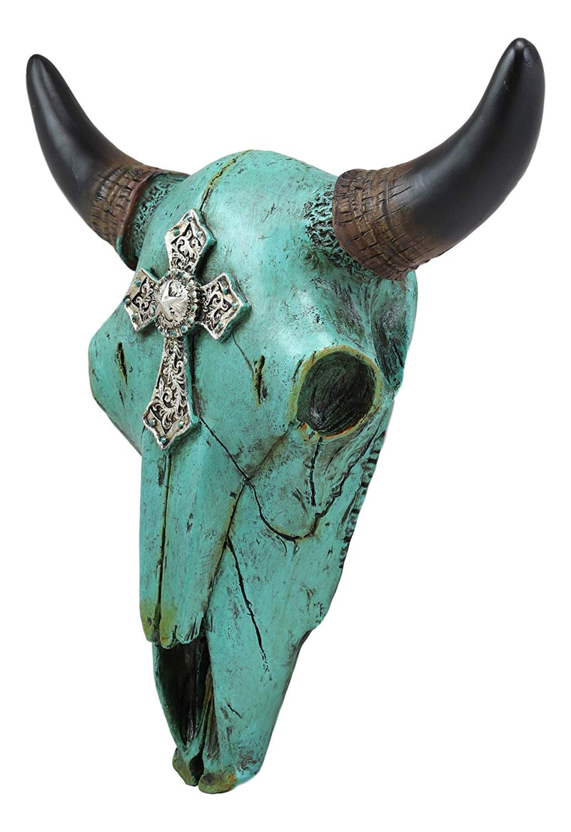 Ebros 10.5" Wide Western Southwest Steer Bison Buffalo Bull Cow Horned Skull Head Turquoise Silver Cross with Floral Lace Design Wall Mount Decor - Ebros Gift