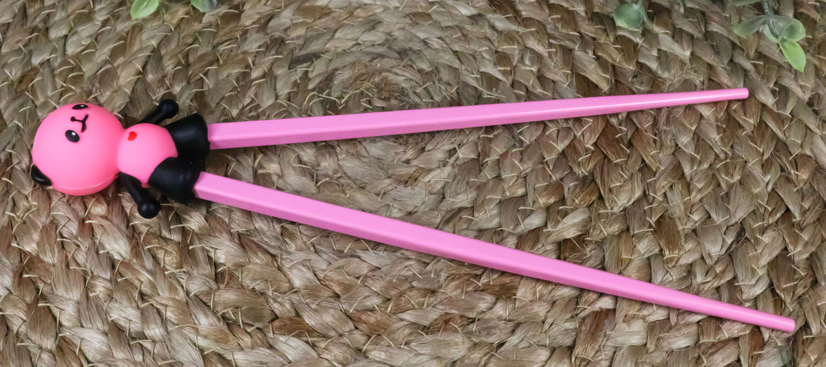 Hot Pink Love Giant Panda Reusable Training Chopsticks Set With Silicone Helper - Ebros Gift