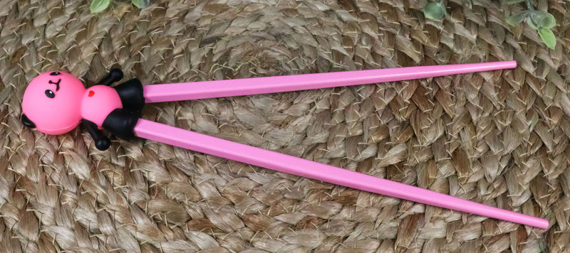 Hot Pink Love Giant Panda Reusable Training Chopsticks Set With Silicone Helper