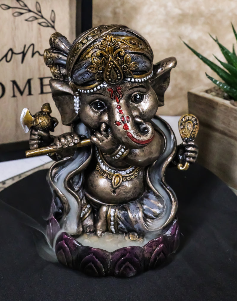 Hindu God Ganapati Baby Ganesha Playing Flute On Lotus Backflow Incense Burner