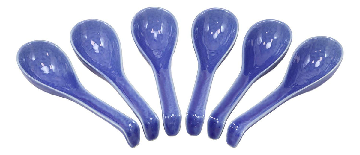 Ebros Japanese Modern Porcelain Soup Spoons With Ladle Hook Pack Of 6 (Blue) - Ebros Gift